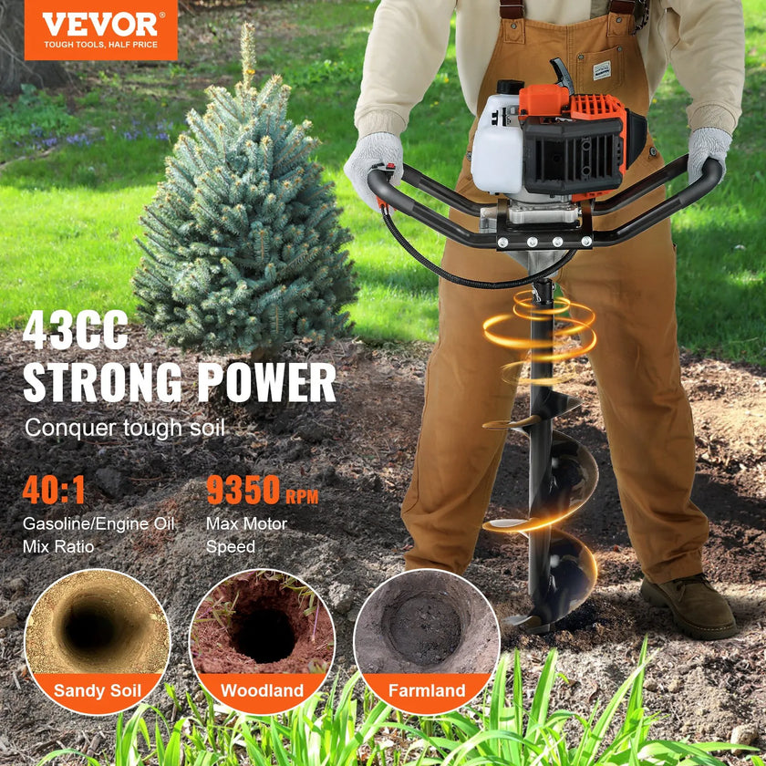 VEVOR Post Hole Digger, 43cc 1250W Auger Post Hole digger, Gas Powered Earth Digger with 8