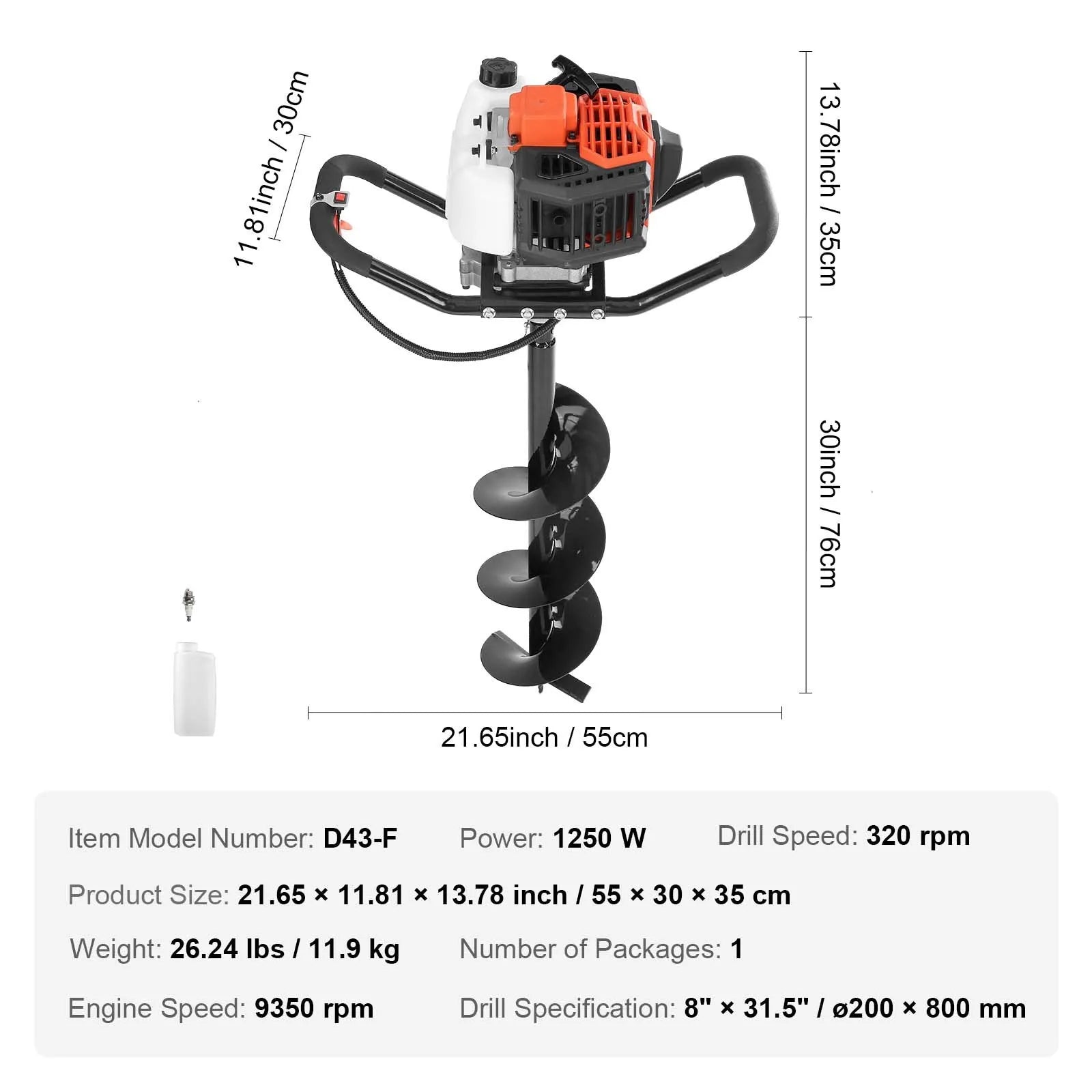 VEVOR Post Hole Digger, 43cc 1250W Auger Post Hole digger, Gas Powered Earth Digger with 8