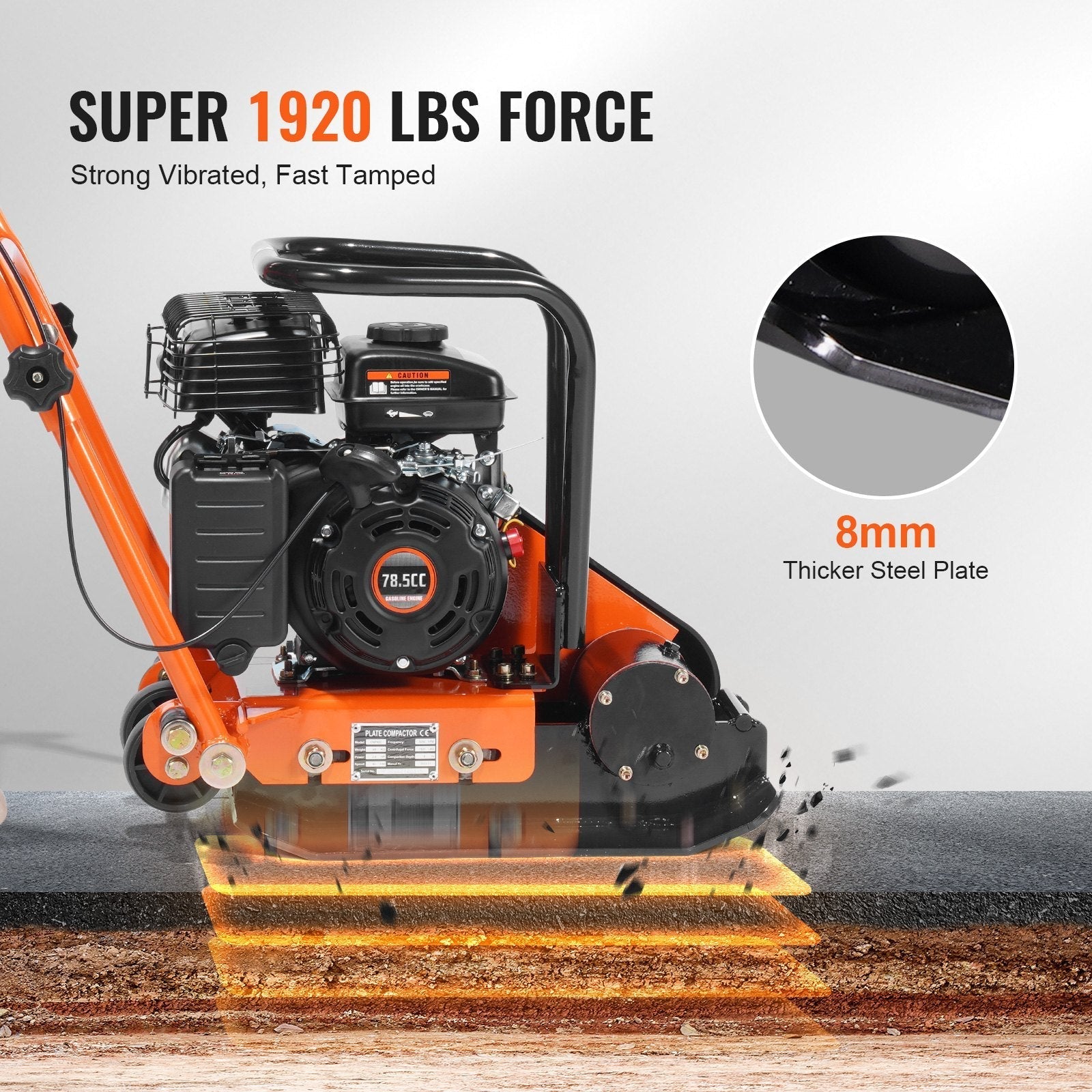 VEVOR Plate Compactor, 2.8 HP 78.5CC Gas Engine 5,250 VPM, 1,920 lbs Force Vibratory Compaction Tamper with 18.7 x 11.8 inch Plate for Walkways, Patios, Asphalts, Paver Landscaping