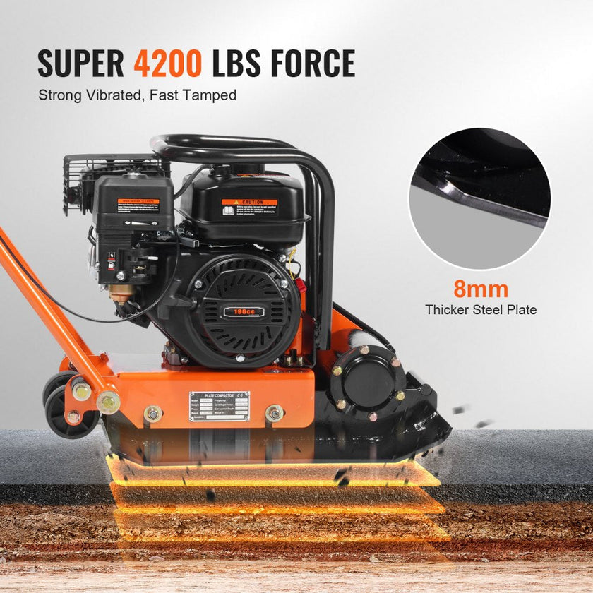 VEVOR Plate Compactor, 6.5 HP 196CC Gas Engine 5,600 VPM, 4,200 lbs Force Vibratory Compaction Tamper with 22.1 x 15.9 in Plate for Walkways, Patios, Asphalts, Paver Landscaping, EPA & CARB Compliant