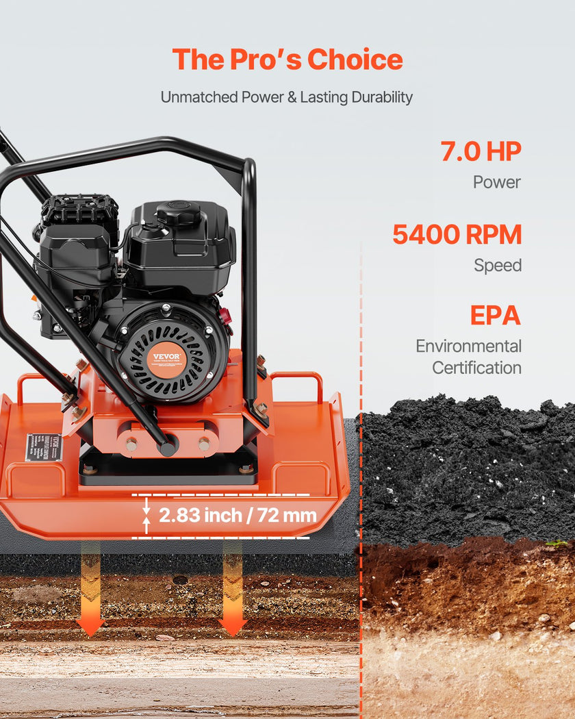 VEVOR Plate Compactor 7.0 HP Engine 432 sq. in Plate 5400 RPM Ground Compactor