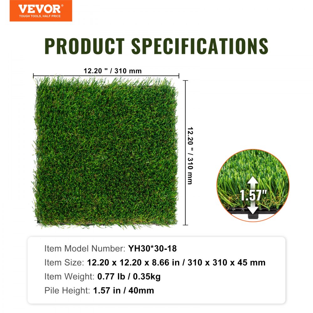 VEVOR Artifical Grass Tiles Interlocking Turf Deck Set, 18 Pack - 12
