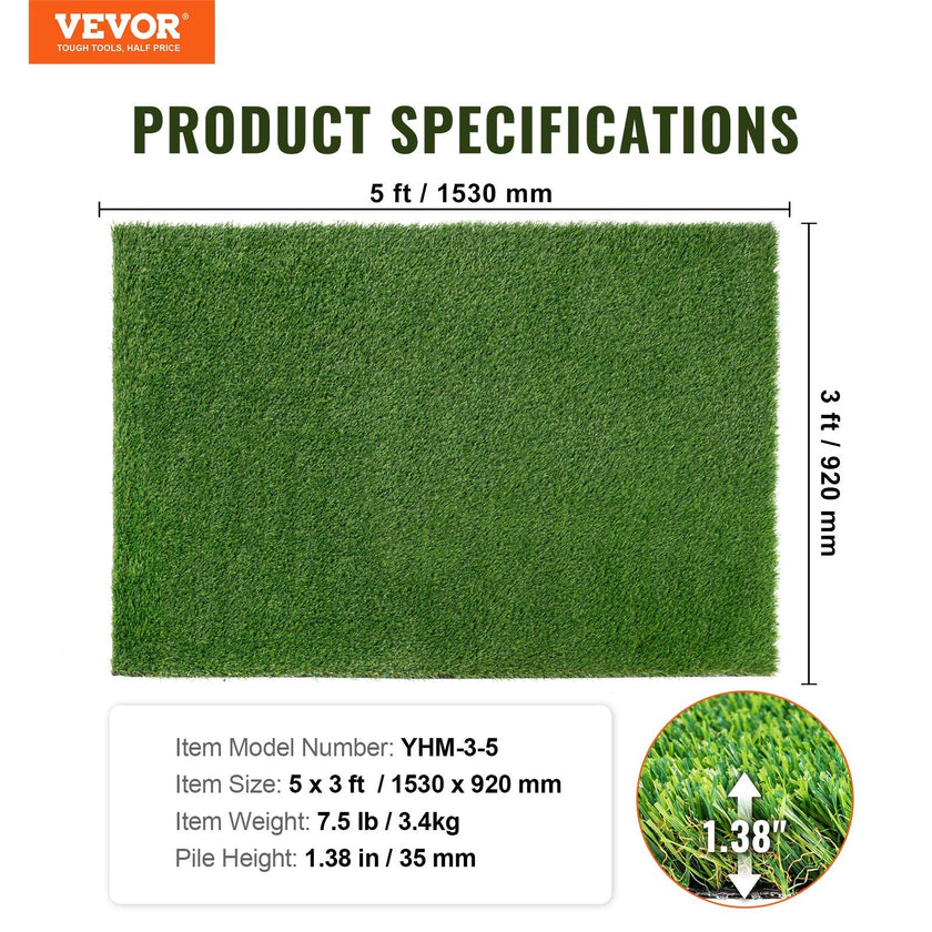 VEVOR Artifical Grass, 3 x 5 ft Rug Green Turf, 1.38