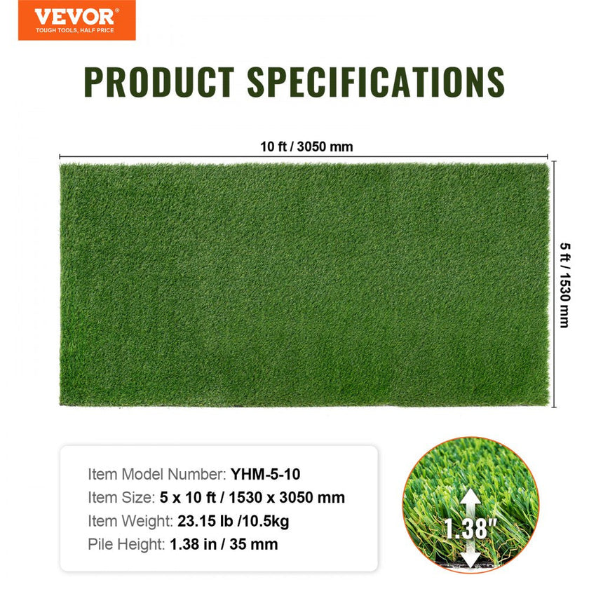 VEVOR Artifical Grass, 5 x 10 ft Rug Green Turf, 1.38