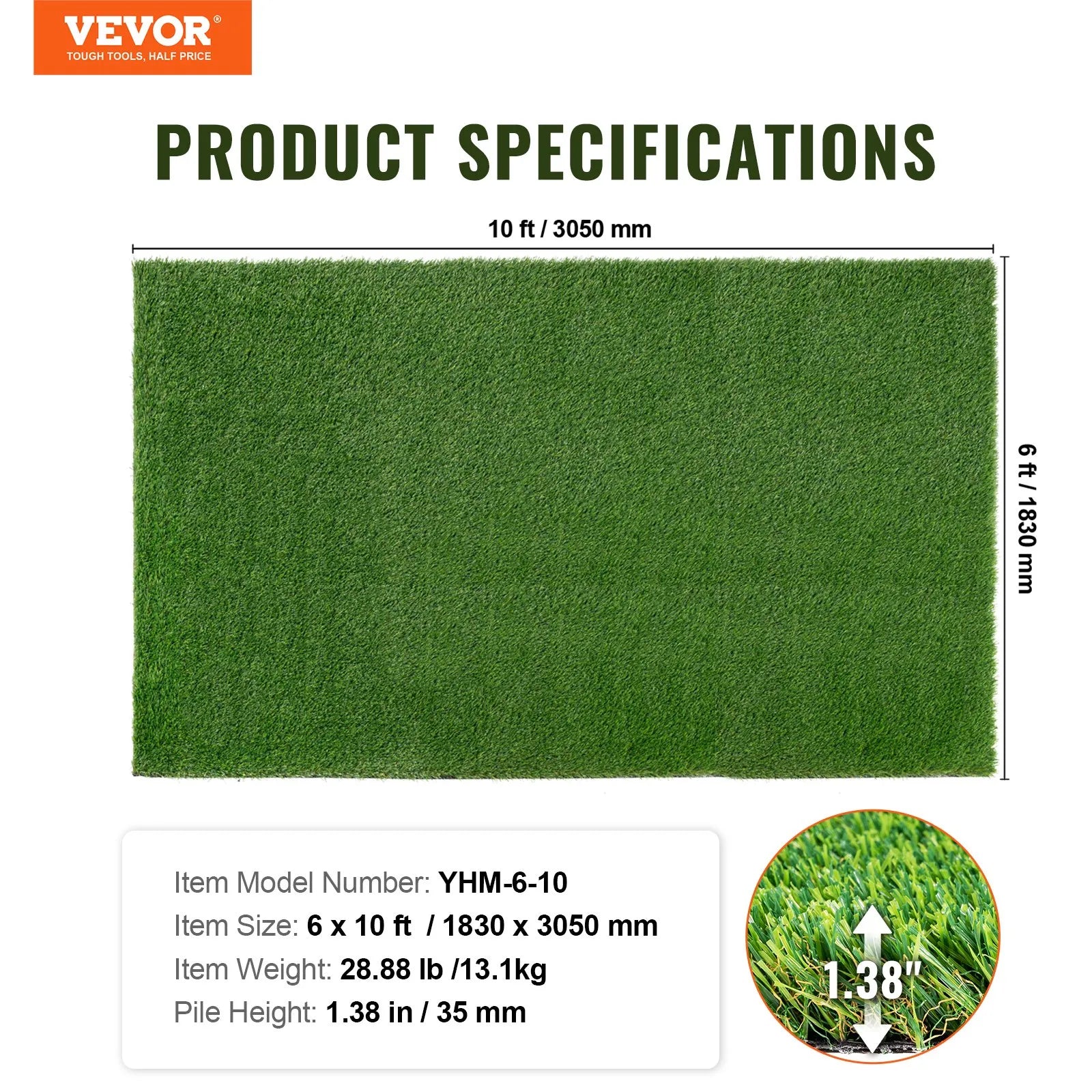 VEVOR Artifical Grass, 6 x 10 ft Rug Green Turf, 1.38