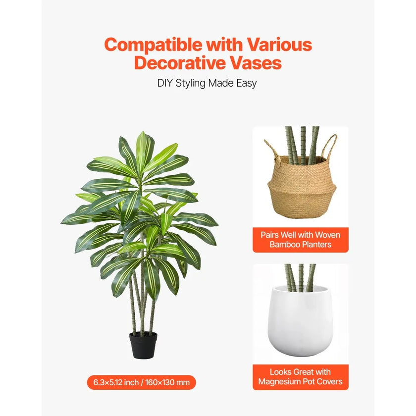 5FT Artificial Dracaena Tree with White Tall Planter – Realistic Faux Tropical Floor Plant for Home & Office
