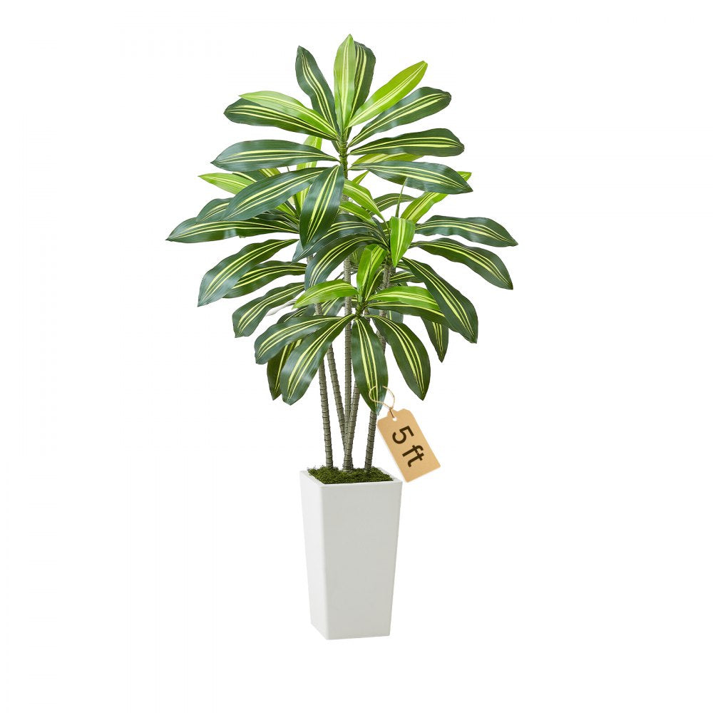 5FT Artificial Dracaena Tree with White Tall Planter – Realistic Faux Tropical Floor Plant for Home & Office