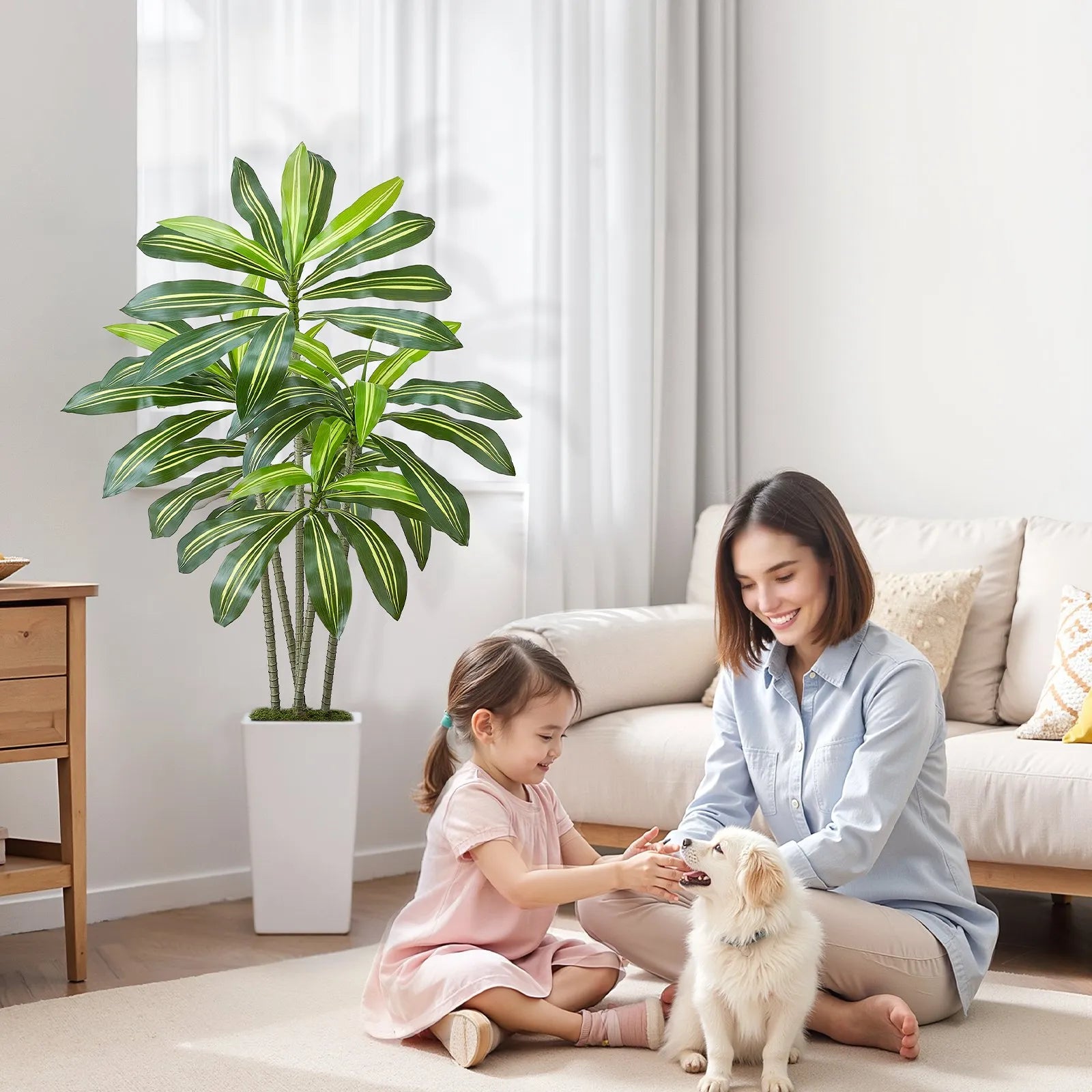 5FT Artificial Dracaena Tree with White Tall Planter – Realistic Faux Tropical Floor Plant for Home & Office