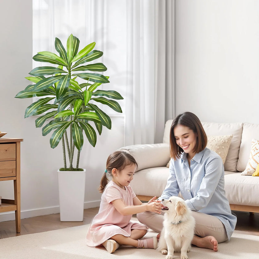 5FT Artificial Dracaena Tree with White Tall Planter – Realistic Faux Tropical Floor Plant for Home & Office