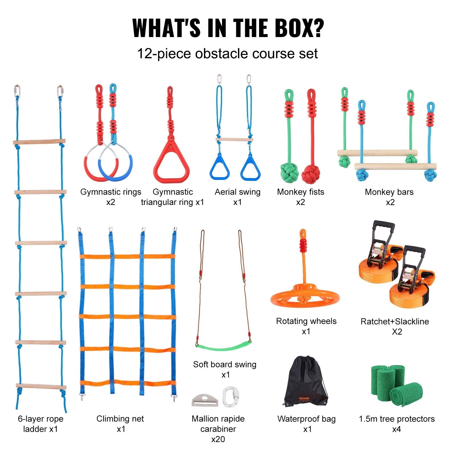 VEVOR Ninja Warrior Obstacle Course for Kids, 2 x 50 ft Weatherproof Slacklines, 500lbs Weight Capacity Monkey Line, Outdoor Playset Equipment, Backyard Toys Training Equipment Set with 12 Obstacles