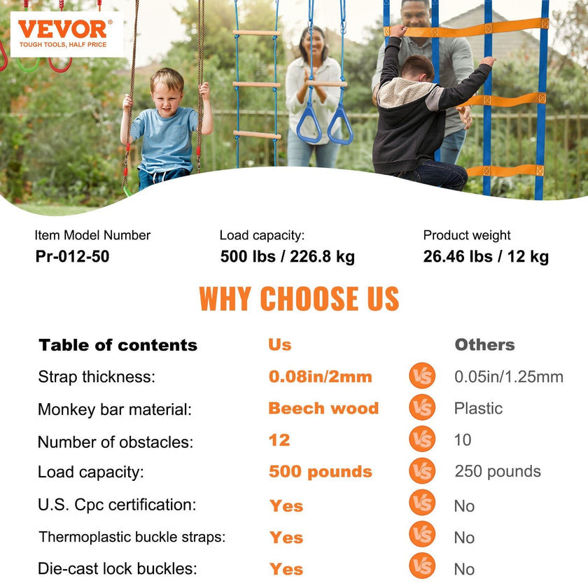 VEVOR Ninja Warrior Obstacle Course for Kids, 2 x 50 ft Weatherproof Slacklines, 500lbs Weight Capacity Monkey Line, Outdoor Playset Equipment, Backyard Toys Training Equipment Set with 12 Obstacles