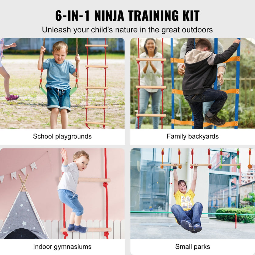 VEVOR Ninja Warrior Obstacle Course for Kids, 2 x 50 ft Weatherproof Slacklines, 500lbs Weight Capacity Monkey Line, Outdoor Playset Equipment, Backyard Toys Training Equipment Set with 10 Obstacles