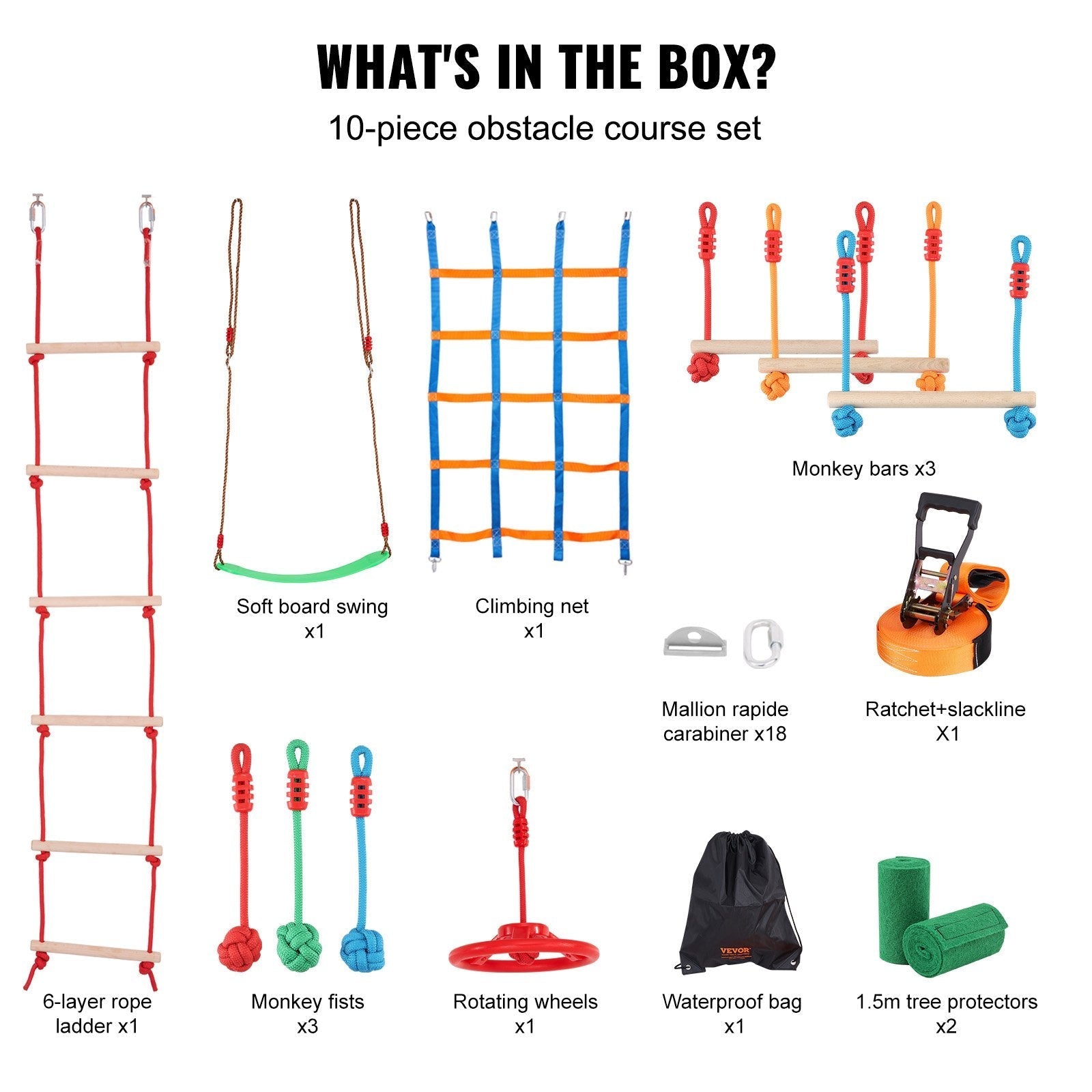 VEVOR Ninja Warrior Obstacle Course for Kids, 2 x 50 ft Weatherproof Slacklines, 500lbs Weight Capacity Monkey Line, Outdoor Playset Equipment, Backyard Toys Training Equipment Set with 10 Obstacles