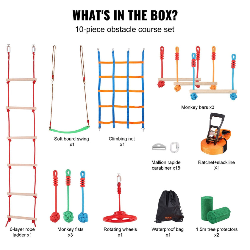 VEVOR Ninja Warrior Obstacle Course for Kids, 2 x 50 ft Weatherproof Slacklines, 500lbs Weight Capacity Monkey Line, Outdoor Playset Equipment, Backyard Toys Training Equipment Set with 10 Obstacles