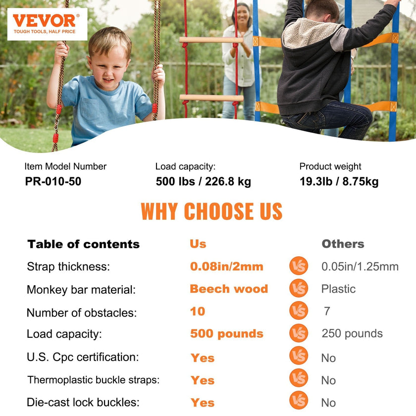 VEVOR Ninja Warrior Obstacle Course for Kids, 2 x 50 ft Weatherproof Slacklines, 500lbs Weight Capacity Monkey Line, Outdoor Playset Equipment, Backyard Toys Training Equipment Set with 10 Obstacles
