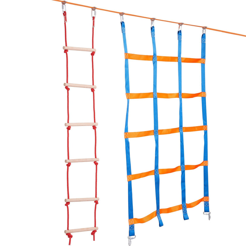 VEVOR Ninja Warrior Obstacle Course for Kids, 2 x 50 ft Weatherproof Slacklines, 500lbs Weight Capacity Monkey Line, Outdoor Playset Equipment, Backyard Toys Training Equipment Set with 10 Obstacles