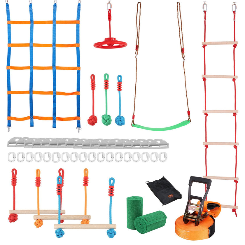 VEVOR Ninja Warrior Obstacle Course for Kids, 2 x 50 ft Weatherproof Slacklines, 500lbs Weight Capacity Monkey Line, Outdoor Playset Equipment, Backyard Toys Training Equipment Set with 10 Obstacles