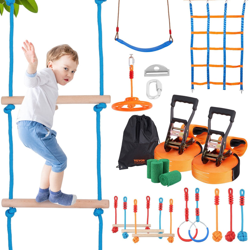 VEVOR Ninja Warrior Obstacle Course for Kids, 2 x 56 ft Weatherproof Slacklines, 500lbs Weight Capacity Monkey Line, Outdoor Playset Equipment, Backyard Toys Training Equipment Set with 12 Obstacles