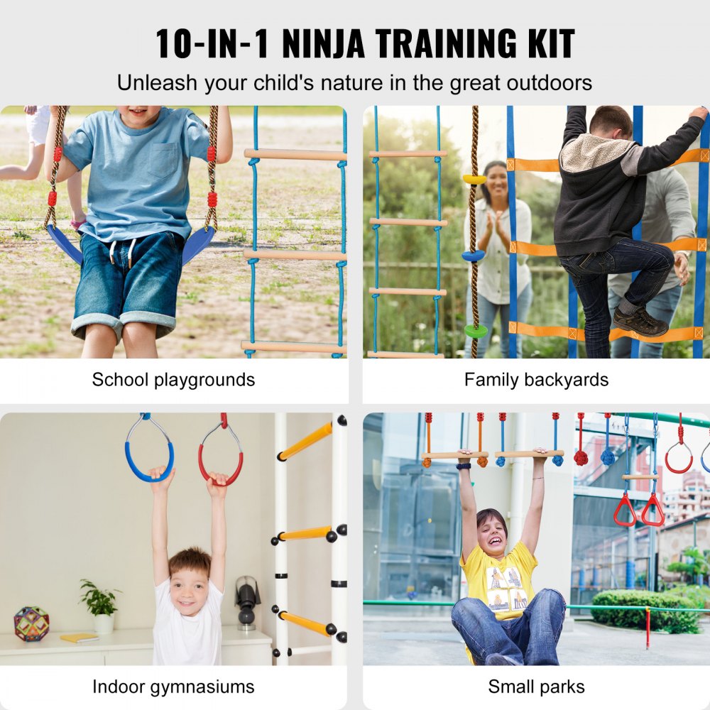 VEVOR Ninja Warrior Obstacle Course for Kids, 2 x 60 ft Weatherproof Slacklines, 500lbs Weight Capacity Monkey Line, Outdoor Playset Equipment, Backyard Toys Training Equipment Set with 14 Obstacles