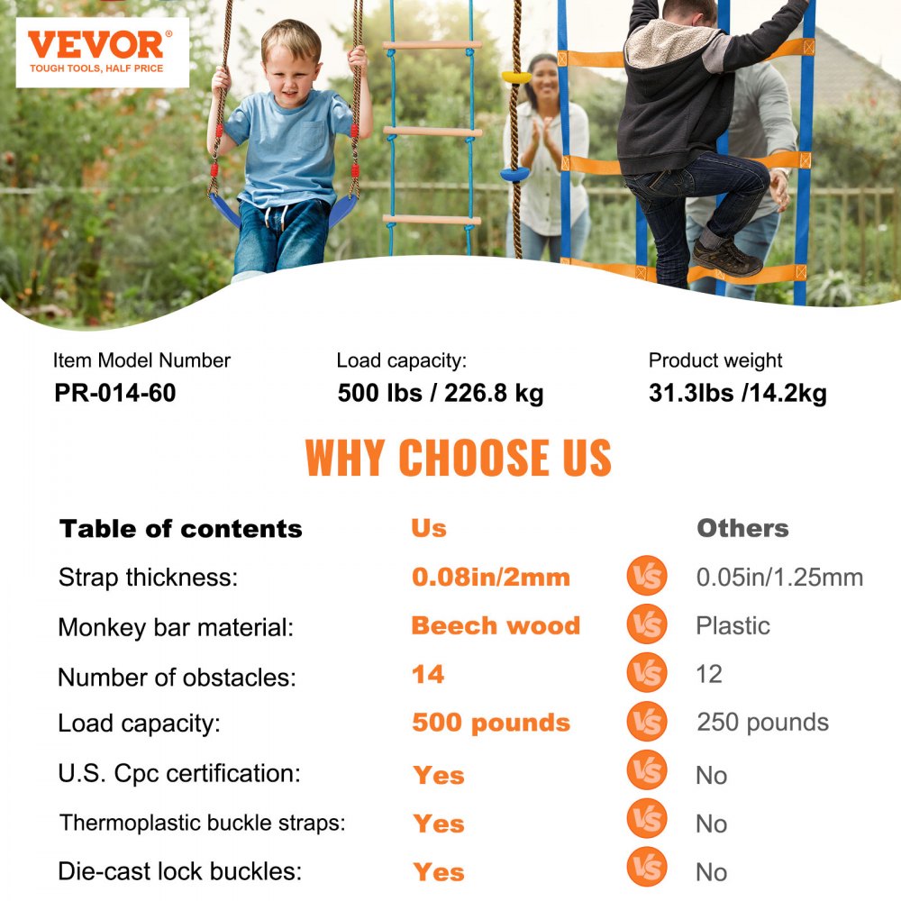 VEVOR Ninja Warrior Obstacle Course for Kids, 2 x 60 ft Weatherproof Slacklines, 500lbs Weight Capacity Monkey Line, Outdoor Playset Equipment, Backyard Toys Training Equipment Set with 14 Obstacles