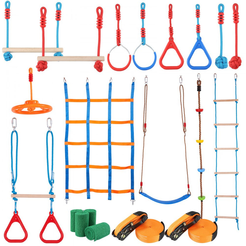 VEVOR Ninja Warrior Obstacle Course for Kids, 2 x 60 ft Weatherproof Slacklines, 500lbs Weight Capacity Monkey Line, Outdoor Playset Equipment, Backyard Toys Training Equipment Set with 14 Obstacles