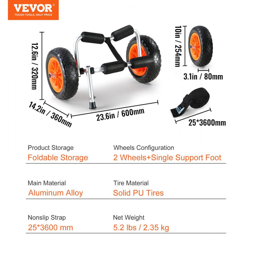 VEVOR Heavy Duty Kayak Cart, 250lbs Load Capacity, Foldable Canoe Trolley Cart with 10'' Solid Tires, Nonslip Support Foot & Tie-Down Strap, for Kayaks Canoes Paddleboards Float Mats Jon Boats