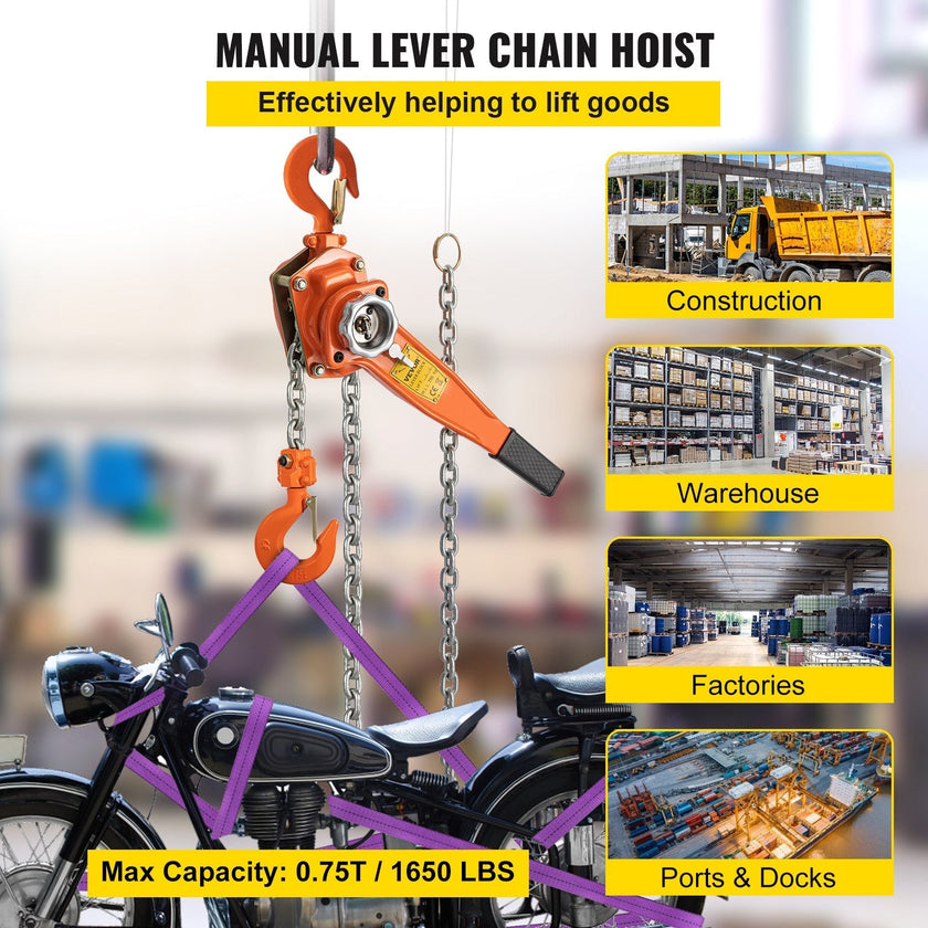 VEVOR Lever Chain Hoist, 0.75Ton 1650lbs Capacity Ratchet Puller with 10FT Max. Lifting Height, Come Along 2 Heavy Duty Steel Hooks, Manual Handling Tool for Cargo Moving in Construction, Warehouse