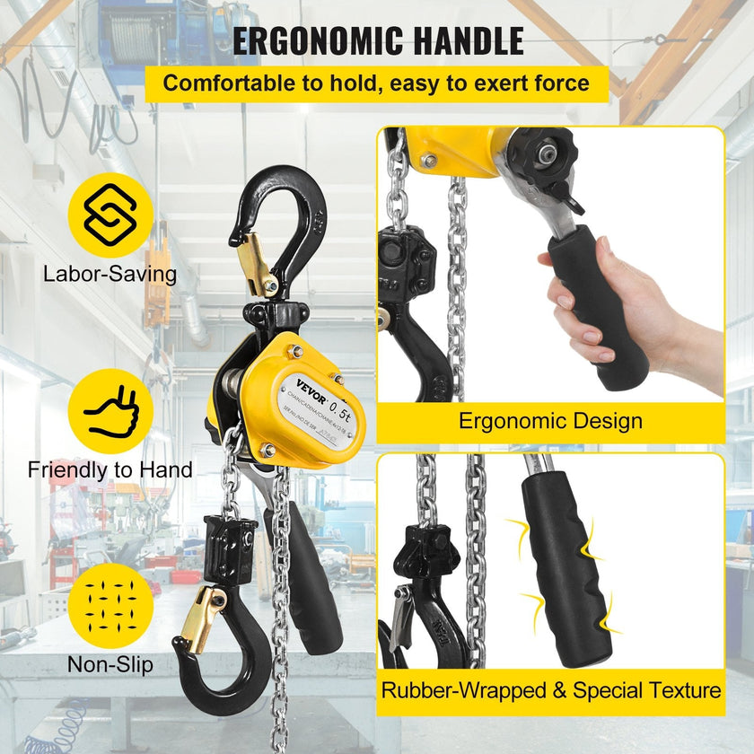VEVOR 0.5T Lever Block Chain Hoist 3M 10Ft Chain Hoist Alloy Steel G80 Chain Ratchet Lever Hoist with Hook (0.5T 10 Ft)