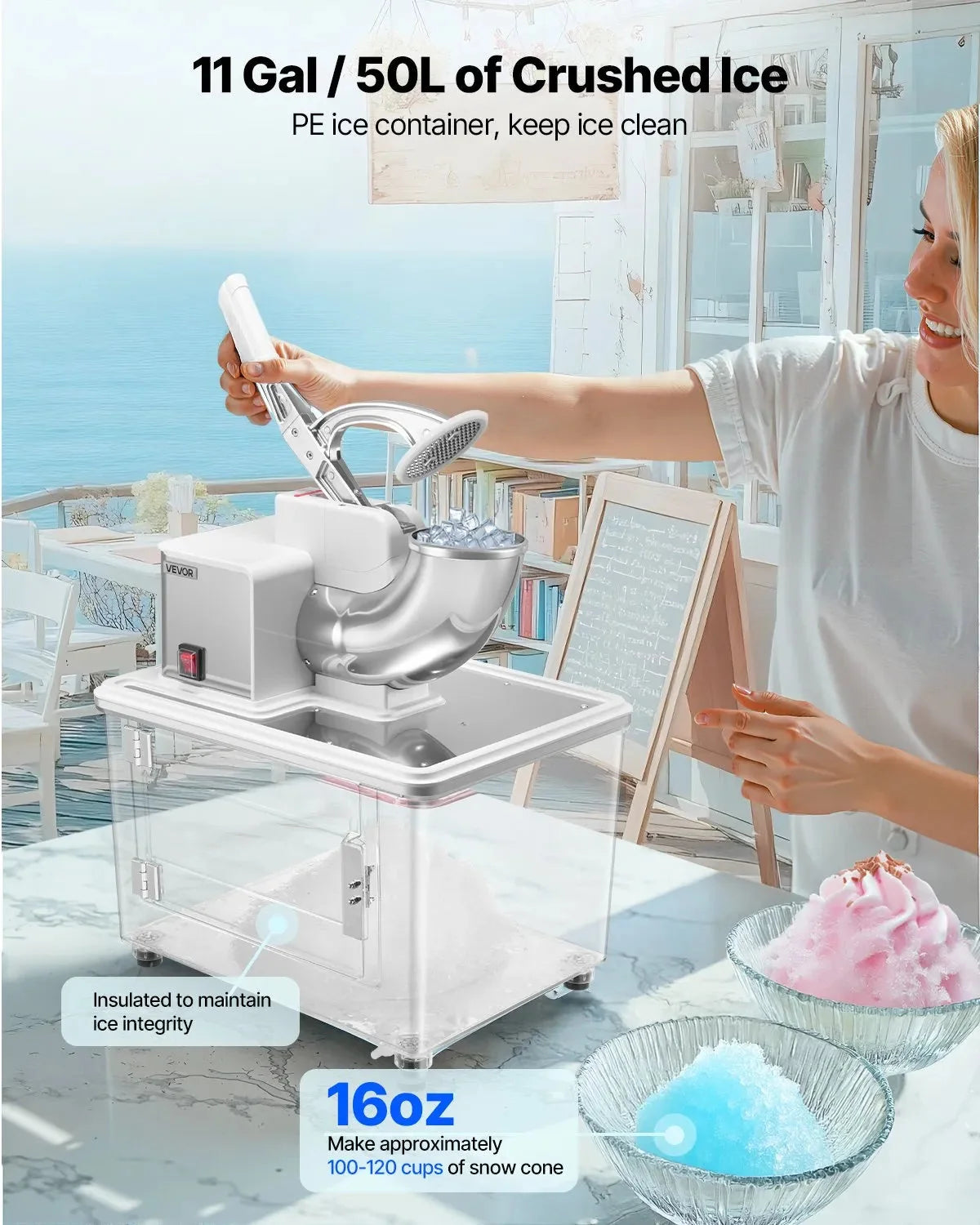 VEVOR Commercial Ice Crusher 661LBS/H, 350W Electric Snow Cone Machine with 4 Blades, 1400RPM Stainless Steel Shaved Ice Machine with 11 Gal Crushed-Ice Box, for Family Restaurants Bars, White