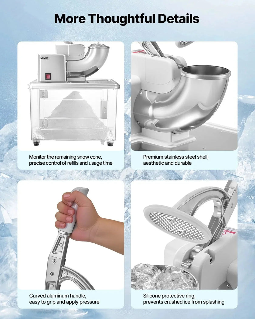 VEVOR Commercial Ice Crusher 661LBS/H, 350W Electric Snow Cone Machine with 4 Blades, 1400RPM Stainless Steel Shaved Ice Machine with 11 Gal Crushed-Ice Box, for Family Restaurants Bars, White