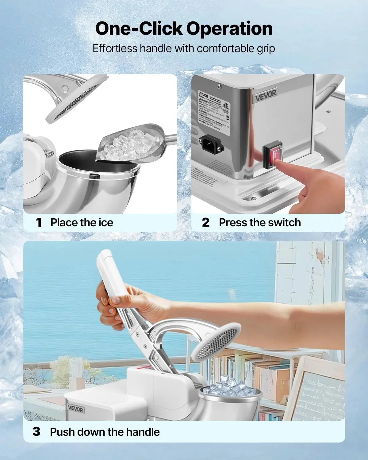 VEVOR Commercial Ice Crusher 661LBS/H, 350W Electric Snow Cone Machine with 4 Blades, 1400RPM Stainless Steel Shaved Ice Machine with 11 Gal Crushed-Ice Box, for Family Restaurants Bars, White