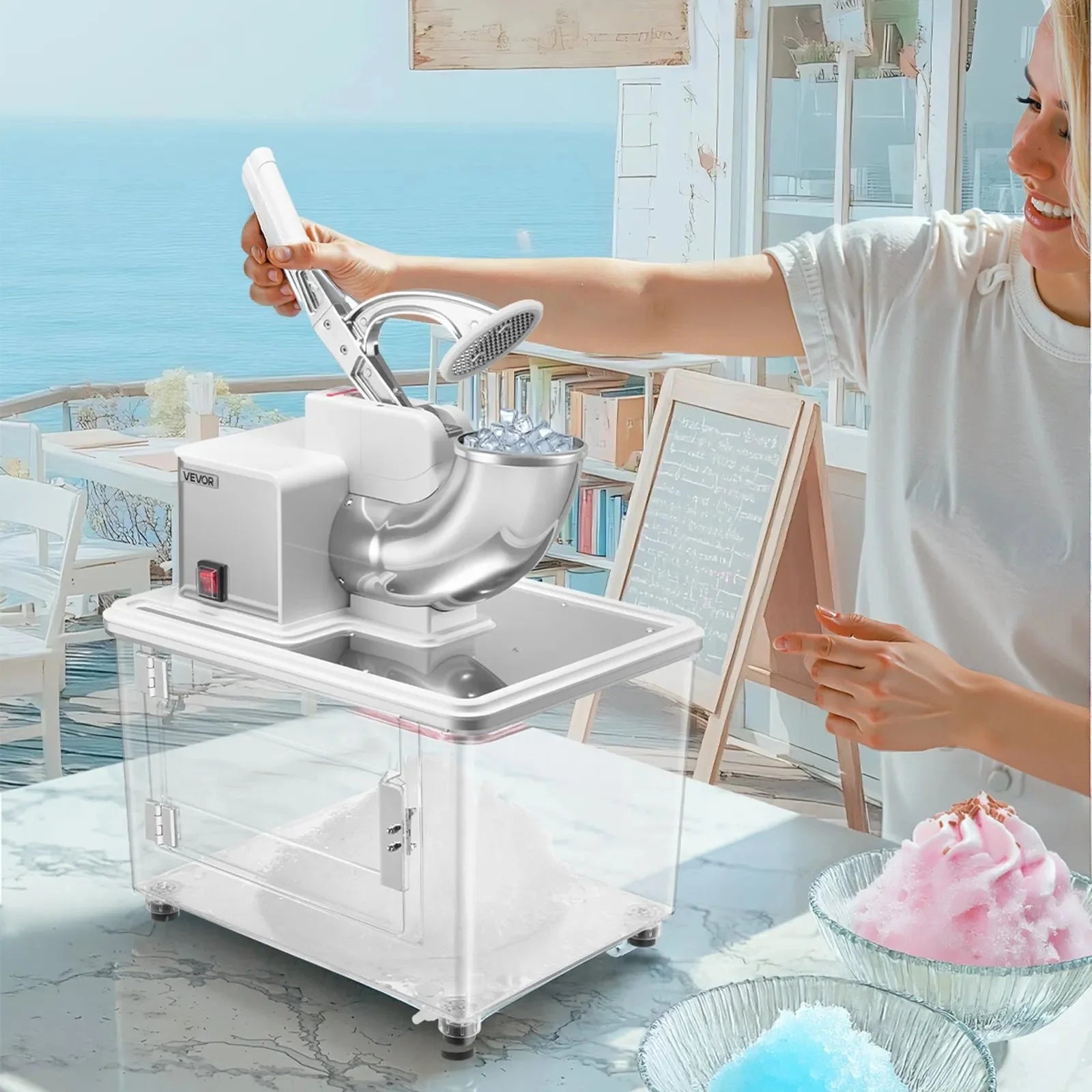 VEVOR Commercial Ice Crusher 661LBS/H, 350W Electric Snow Cone Machine with 4 Blades, 1400RPM Stainless Steel Shaved Ice Machine with 11 Gal Crushed-Ice Box, for Family Restaurants Bars, White