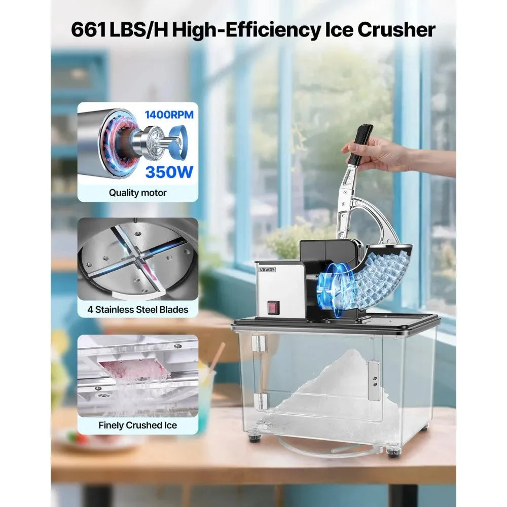VEVOR Commercial Ice Crusher 661LBS/H, 350W Electric Snow Cone Machine with 4 Blades, 2000RPM Stainless Steel Shaved Ice Machine with 11 Gal Crushed-Ice Box, for Family Restaurants Bars, Black