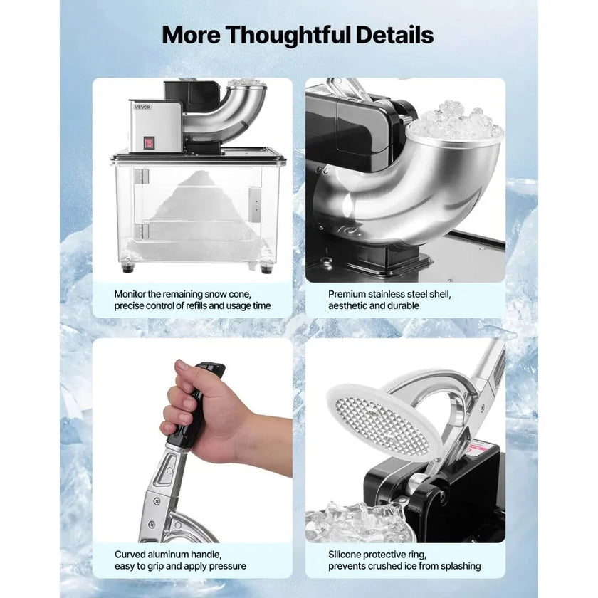 VEVOR Commercial Ice Crusher 661LBS/H, 350W Electric Snow Cone Machine with 4 Blades, 2000RPM Stainless Steel Shaved Ice Machine with 11 Gal Crushed-Ice Box, for Family Restaurants Bars, Black