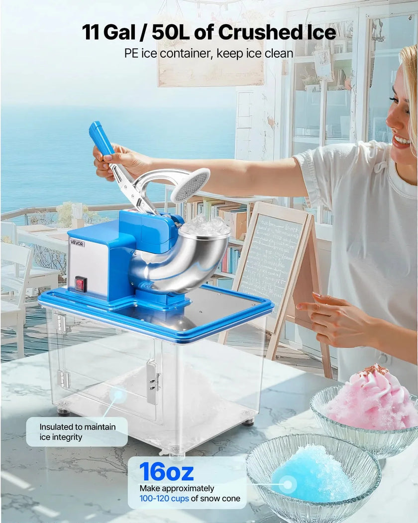 VEVOR Commercial Ice Crusher 661LBS/H, 350W Electric Snow Cone Machine with 4 Blades, 2000RPM Stainless Steel Shaved Ice Machine with 11 Gal Crushed-Ice Box