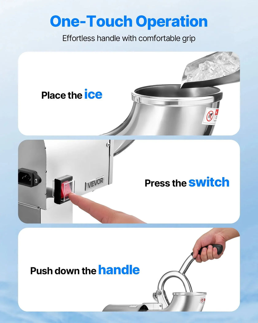 VEVOR Ice Crusher Machine, 440lbs Per Hour Electric 4 Blades Snow Cone Maker, All Stainless Steel Shaved Ice Machine with Bowl and Cover, 350W 1400RPM Ice-Shaver for Home and Commercial Use, Silver