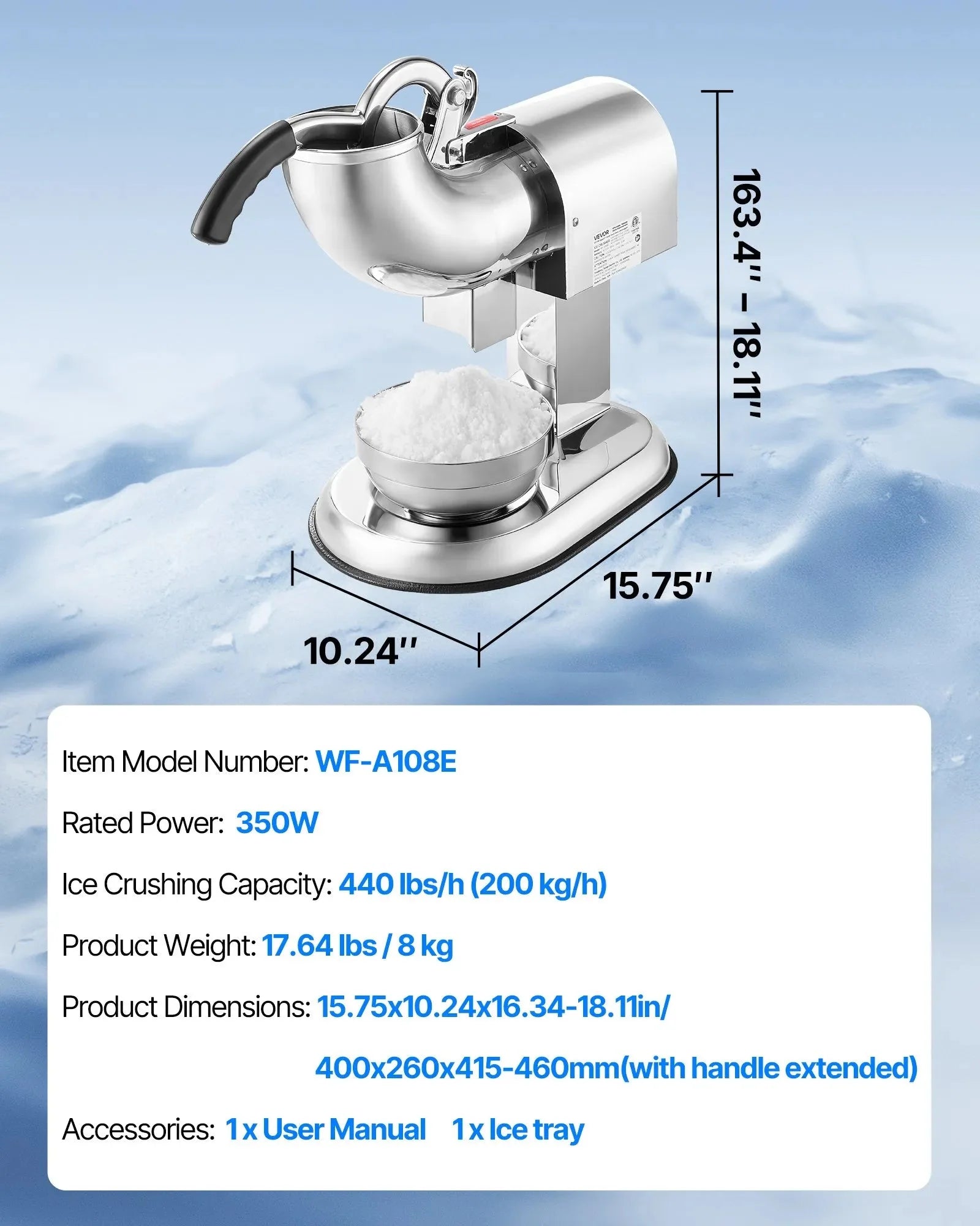 VEVOR Ice Crusher Machine, 440lbs Per Hour Electric 4 Blades Snow Cone Maker, All Stainless Steel Shaved Ice Machine with Bowl and Cover, 350W 1400RPM Ice-Shaver for Home and Commercial Use, Silver