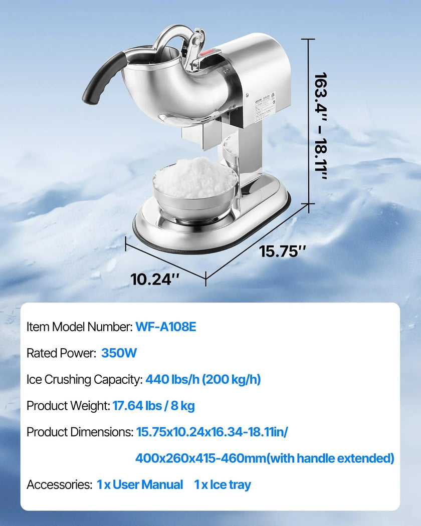 VEVOR Ice Crusher Machine, 440lbs Per Hour Electric 4 Blades Snow Cone Maker, All Stainless Steel Shaved Ice Machine with Bowl and Cover, 350W 1400RPM Ice-Shaver for Home and Commercial Use, Silver