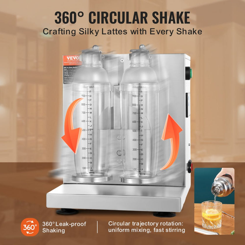 VEVOR Milkshake Maker Machine, 120W Commercial Milk Tea Shaker Machine, Double Head Milk Shake Mixer Machine, 0-180s Adjustable Milkshake Blender, with 1 L PC Cup, for Milk Tea Store