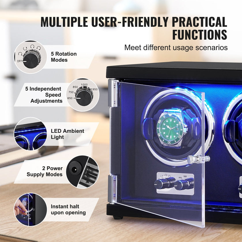 VEVOR Watch Winder, Dual Watch Winder for Men's and Women's Automatic Watch, with 2 Super Quiet Japanese Mabuchi Motors, Blue LED Light and Adapter, High-Density Board Shell and Black PU