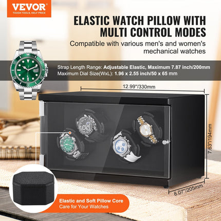 VEVOR Watch Winder, Watch Winder for 4 Men's and Women's Automatic Watches, with 2 Super Quiet Japanese Mabuchi Motors, Blue LED Light and Adapter, High-Density Board Shell and Black PU