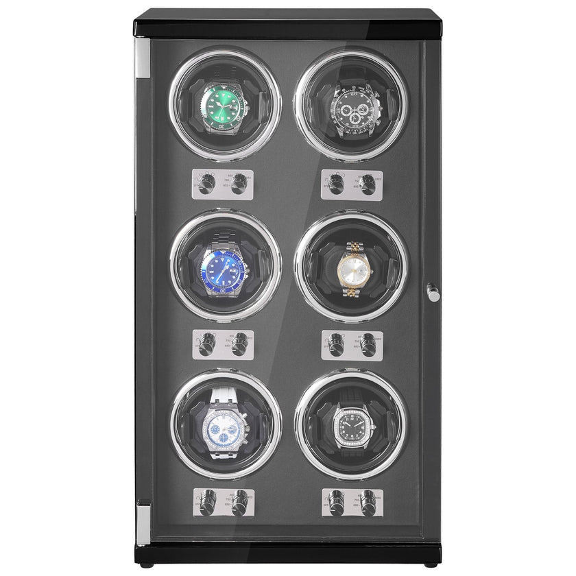 VEVOR Watch Winder, Watch Winder for 6 Men's and Women's Automatic Watches, with 6 Super Quiet Japanese Mabuchi Motors, Blue LED Light and Adapter, High-Density Board Shell and Black PU