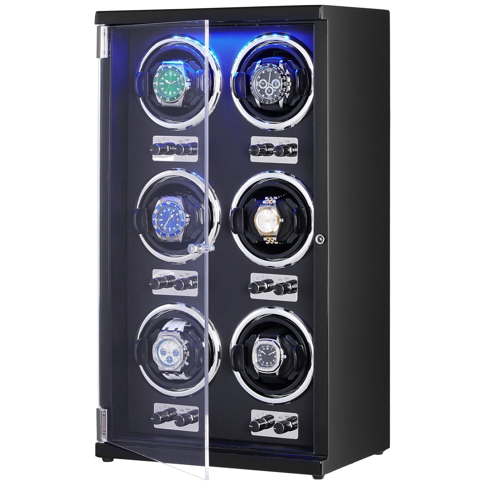 VEVOR Watch Winder, Watch Winder for 6 Men's and Women's Automatic Watches, with 6 Super Quiet Japanese Mabuchi Motors, Blue LED Light and Adapter, High-Density Board Shell and Black PU
