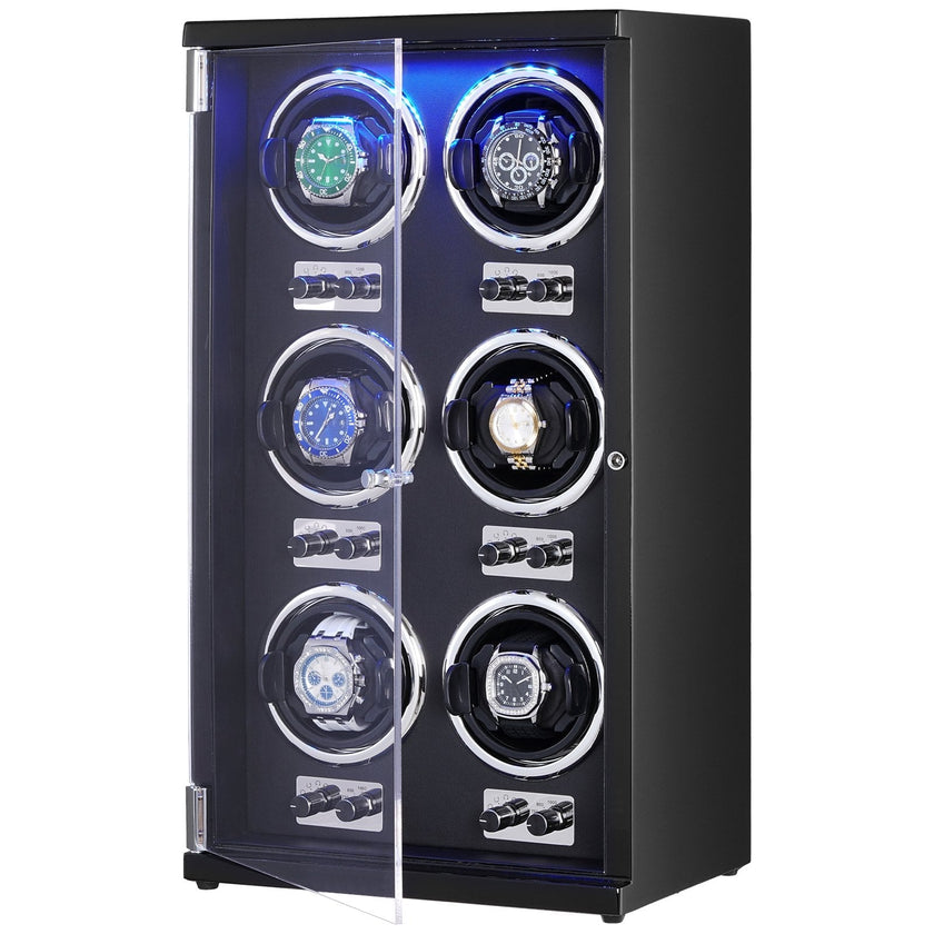 VEVOR Watch Winder, Watch Winder for 6 Men's and Women's Automatic Watches, with 6 Super Quiet Japanese Mabuchi Motors, Blue LED Light and Adapter, High-Density Board Shell and Black PU