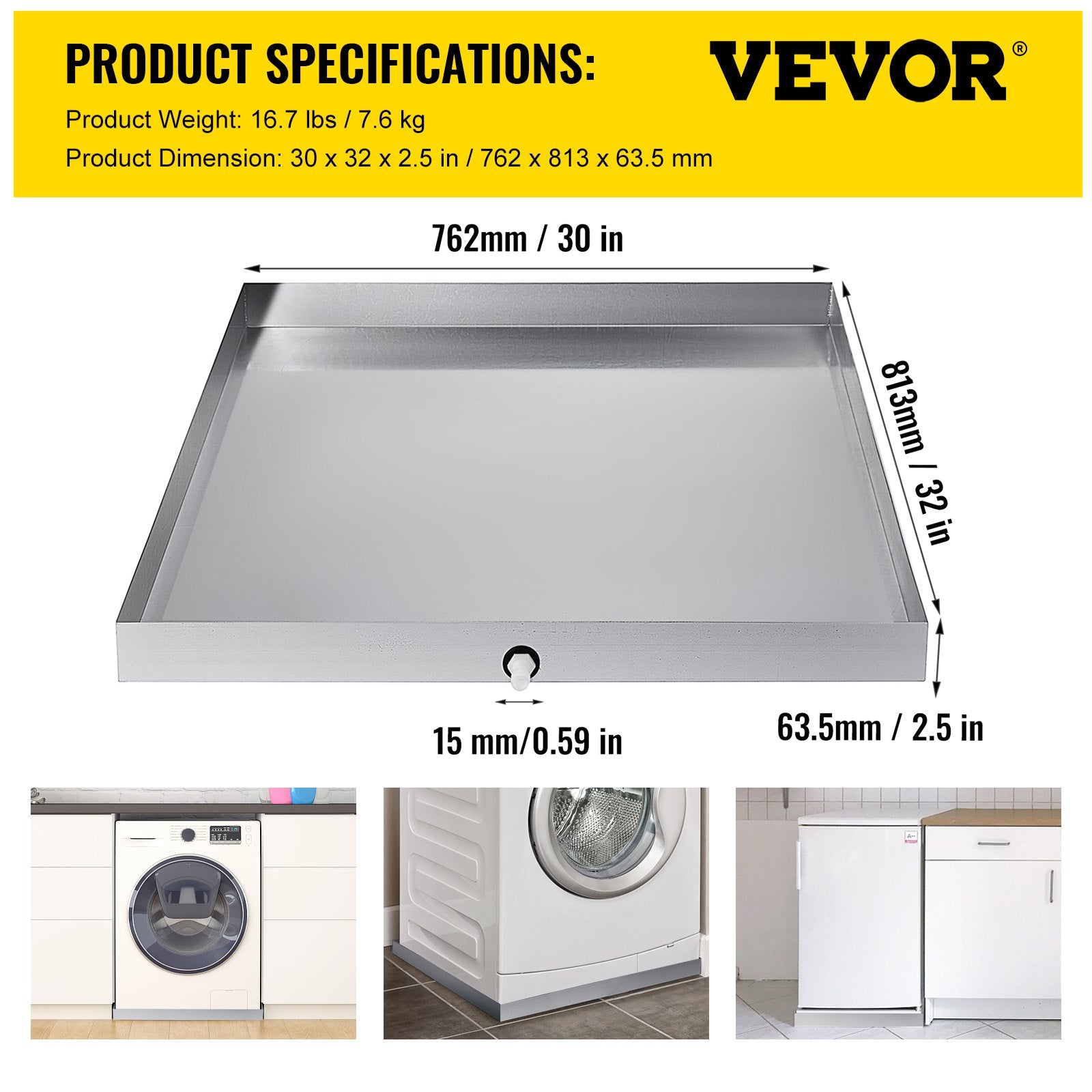 VEVOR Well-Designed Washer Pan 32 x 30 x 2.5 Inch Washing Machine Drip Pan Stainless Steel Sink Dishwasher Drip Tray Compact Universal Drip Tray with Drain Hole