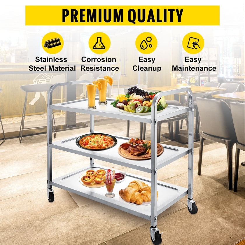 VEVOR Stainless Steel Utility Cart 35‘’L x 18.5\'\'W x 35.5\'\'H, Catering Serving Cart 3 Tier Storage Shelf with Wheels, Kitchen Island Trolley for Hotels Restaurant Home Use