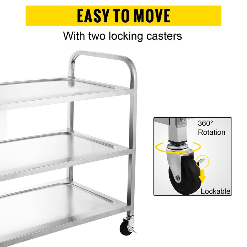 VEVOR Stainless Steel Utility Cart 35‘’L x 18.5\'\'W x 35.5\'\'H, Catering Serving Cart 3 Tier Storage Shelf with Wheels, Kitchen Island Trolley for Hotels Restaurant Home Use
