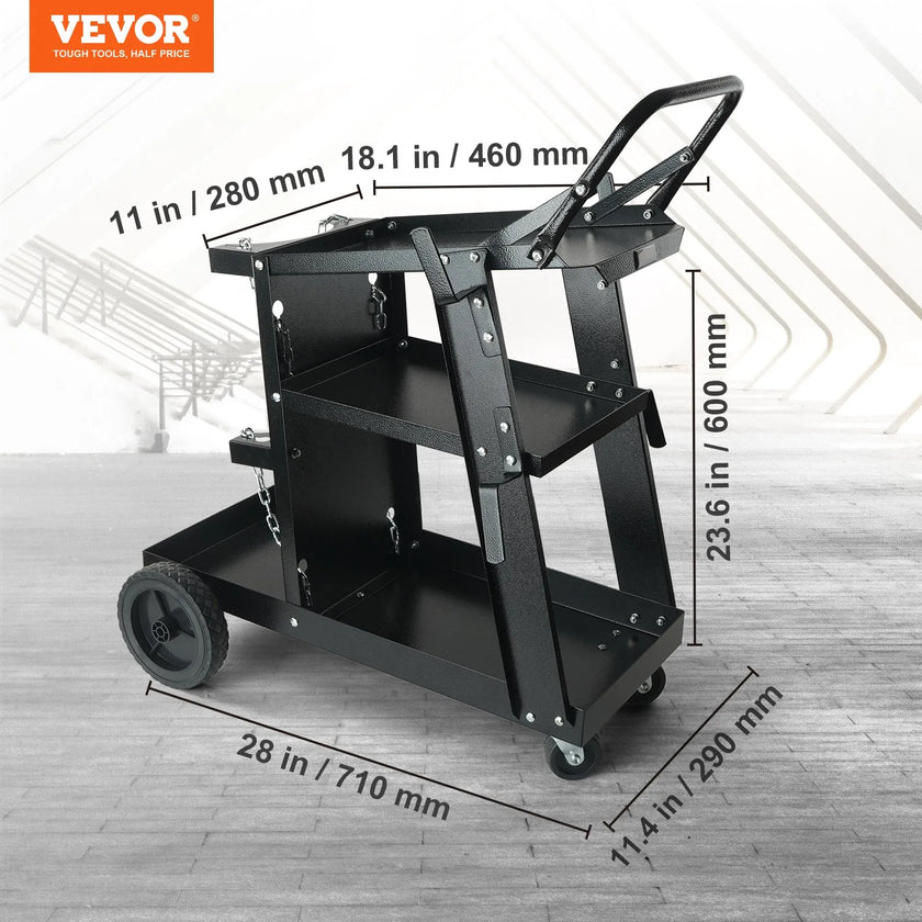 VEVOR Welding Cart, 3-Tier Welder Cart Heavy Duty with 400Lbs Static Weight Capacity, 360° Swivel Wheels, Tank Storage Safety Chains, Rolling MIG Welder Cart for TIG, ARC, MMA Welding Machine