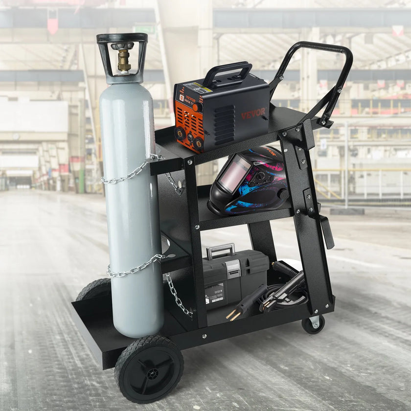 VEVOR Welding Cart, 3-Tier Welder Cart Heavy Duty with 400Lbs Static Weight Capacity, 360° Swivel Wheels, Tank Storage Safety Chains, Rolling MIG Welder Cart for TIG, ARC, MMA Welding Machine