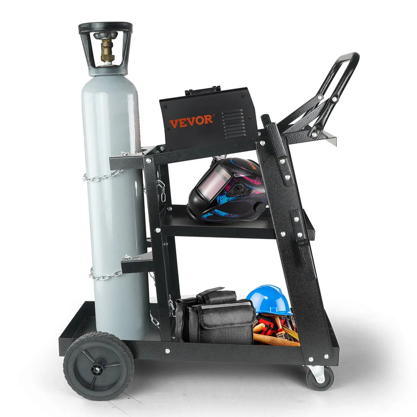 VEVOR Welding Cart, 3-Tier Welder Cart Heavy Duty with 400Lbs Static Weight Capacity, 360° Swivel Wheels, Tank Storage Safety Chains, Rolling MIG Welder Cart for TIG, ARC, MMA Welding Machine